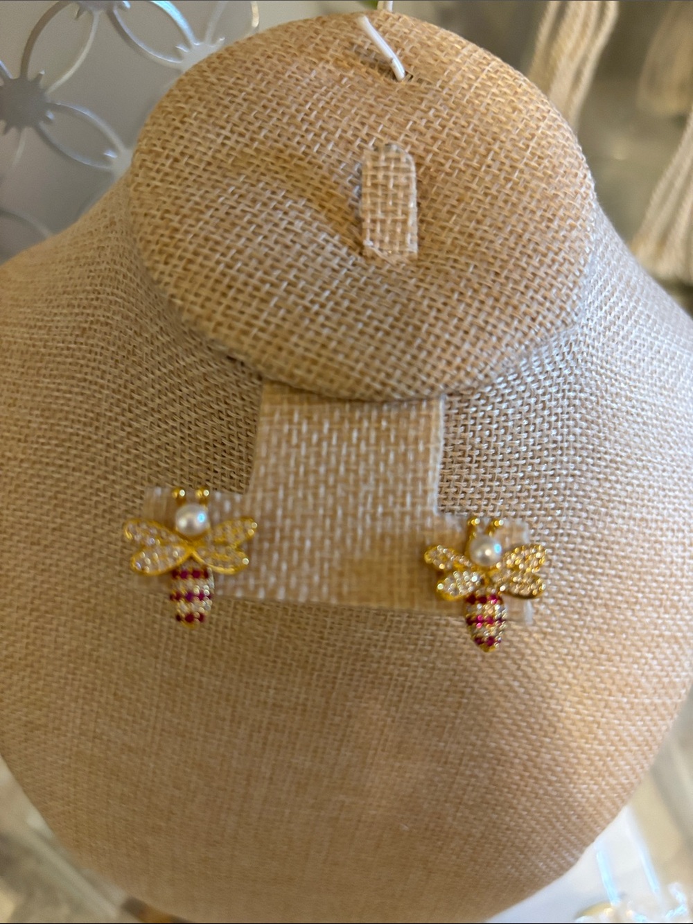Gold Bee Stud Earrings with Pearls and Red Enamel Accents